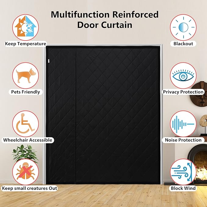 Reversible Wide Magnetic Thermal Insulated Door Curtain for Winter,Thicken Polyester Fiberfill & Heavy Duty Oxford Cloth,Temporary Window Insulation Cover Curtain for French Sliding Door,74”x81”
