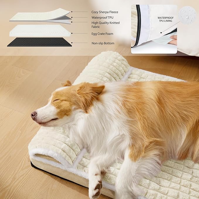 Orthopedic Dog Bed Large Sized Dog with Pillow 36''X24'', Waterproof Soft Comfortable Egg Crate Foam Pet Crate Beds Mat with Removable Washable Cover and Non-Slip Bottom, Cream