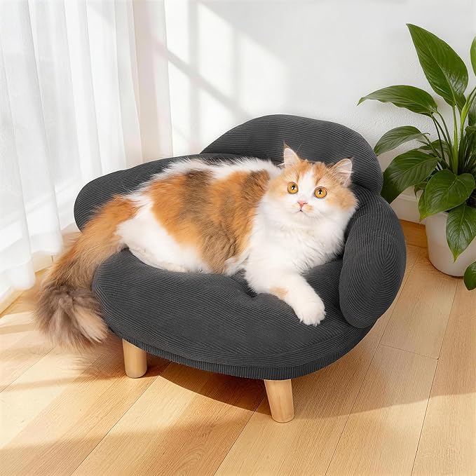 Cat Sofa Furniture-Style Pet Bed with Removable Cotton Velvet Cover, Solid Pine Wood Legs, for Cats and Small Dogs, Gray