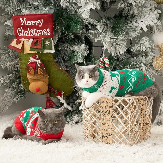 Stretchy Cat Christmas Sweater - 2 Packs Christmas Sweaters for Cats | Snug Winter-Ready Knit for Boy/Girl Cats & Kittens(Scarlet, X-Small)
