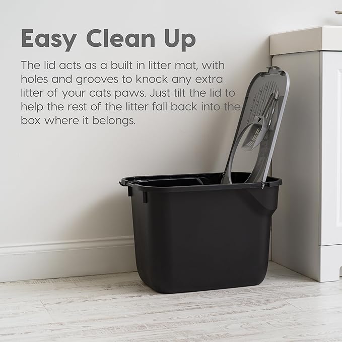 IRIS USA Cat Litter Box, Large Cat Box Enclosure, Top Entry with Litter Catching Lid, Enclosed with Scoop, Black/Gray