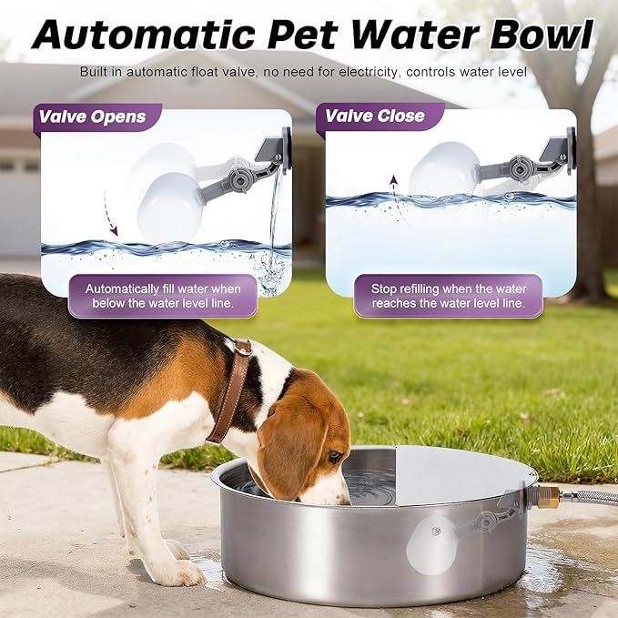 6L Automatic Dog Water Bowl Dispenser Outdoor Stainless Steel Pet Waterer Self Filling Waterer for Large Dog Cat Chicken Duck Goat