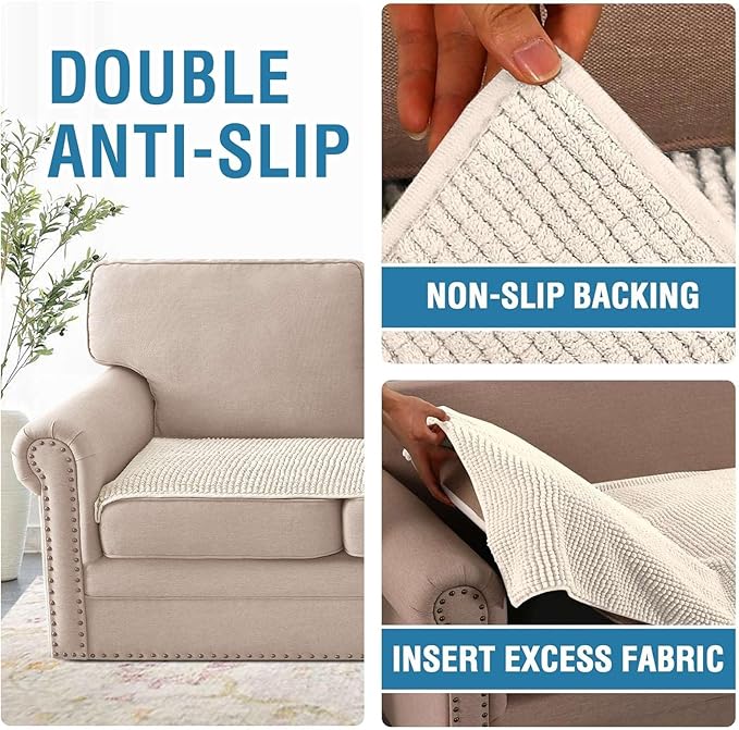 H.VERSAILTEX Plush Chenille Couch Cover for 3 Cushion Couch Anti Slip Washable Sofa Slipcovers Soft and Durable Furniture Protector for Dogs Cats Kids (27.5" x 82", Ivory)