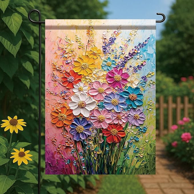 12x18 Inch Spring Garden Flag Colorful Flower Oil Painting Style Yard Banner Artistic Textured Floral Design Double Sided Outdoor Decoration for Lawn Patio Home Seasonal Garden Flag
