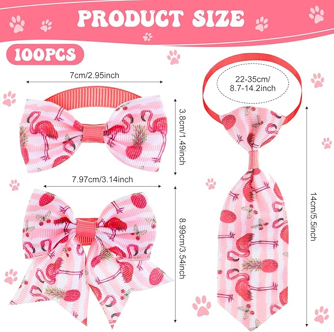 Reginary 100 Pieces Dog Bow Tie Collar Set Include 40 Dog Neckties, and 30 Puppy Bowties, 30 Collar Flowers, Adjustable Pet Ties Grooming for Small Medium Cats Pets Supply(Flamingo)