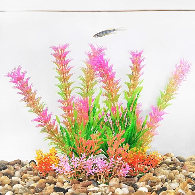 AQUANEAT Artificial Fish Tank Plants, Aquarium Decorations, Pink Plastic Accessories, 10pcs