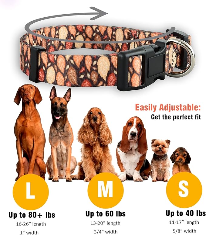 Native Pup Thanksgiving Dog Collar- Fall Collars for Dogs- Autumn Leaf, Turkey, Pumpkin Pie, Holiday Leaves- Girl Boy Puppy- Adjustable for Small, Medium, Large Breeds (Fall Leaves, Large)