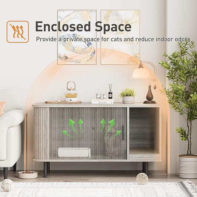 Cat Litter Box Enclosure with Cat Scratch Pad, Sliding Door, 37.4" Litter Box Enclosure Furniture Hidden Litter Box, Modern Indoor Cat House, TV Stand, Side End Table for Living Room, Grey
