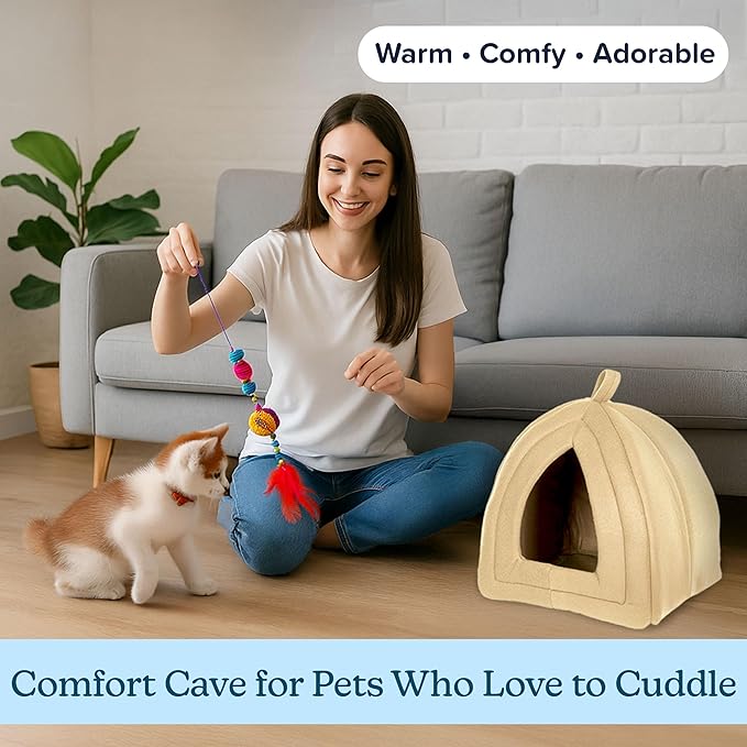 Cat House Indoor Cat Bed with Removable Foam Cushion, Plush Cat Tent Bed for Small Pets, Comfortable Cozy Hideaway for Cats, Kittens, Rabbits, Guinea Pigs, Ferrets, Hedgehogs, by PETMAKER