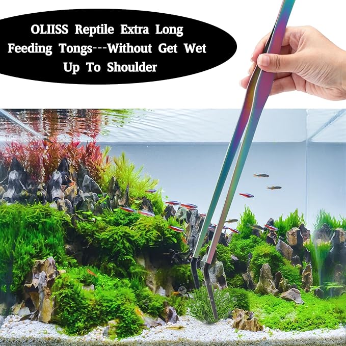 OLIISS Reptile Feeding Tongs with Rubber Tip - 15" Extra Long Tweezers for Aquariums & Crafts - Stainless Steel Feeder Tools for Bearded Dragons & Lizards - Terrarium Tank Supplies - 2 Pack