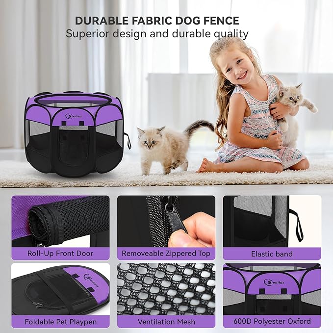 Dog Cat Playpen, Puppy Pet Playpen, Small Dogs Tent Crates Cage Indoor/Outdoor, Portable Pop Up Dog Kennel Playpen with Carrying Case for Dogs/Cats/Rabbits,Purple