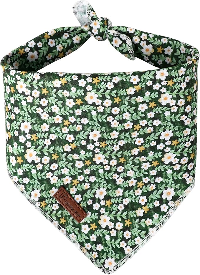 Summer Bandana - Cute Pet Bandana with Flower Pattern, Adjustable Green Puppy Bib, Washable Triangle Dog Scarf for Boy, Girl Dogs or Cats