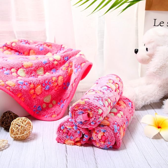 Tatuo 4 Pcs Dog Blanket for Pet Cat Blankets Indoor Puppy Teething Stuff Toys Paw Print Fleece Soft Blanket Sleep Mat for Guinea Pig Cage(Pink,Medium(30 x 20.5 Inch),Square)