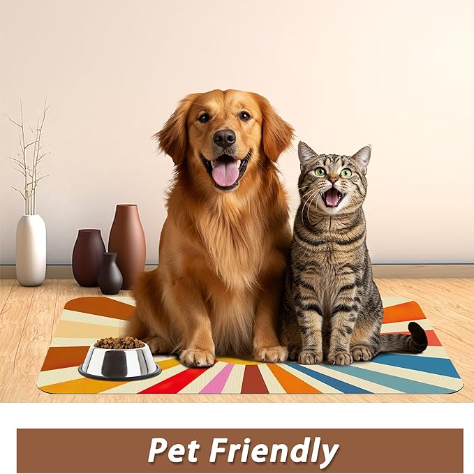 Retro 70s Rainbow Sunrise Swirl Dog Cat Food Mat,Absorbent Pet Feeding Mat for Food and Water, Non-Slip Dog Bowl Mats Floor Protector 16"x24"