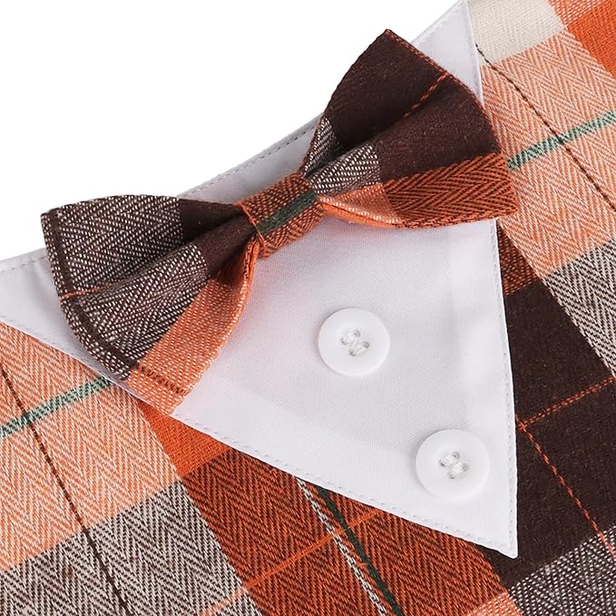 ADOGGYGO Fall Dog Tuxedo Bandana, Orange Plaid Pet Fall Collar with Bowtie, Adjustable Halloween Thanksgiving Costume for Medium Dogs (M)