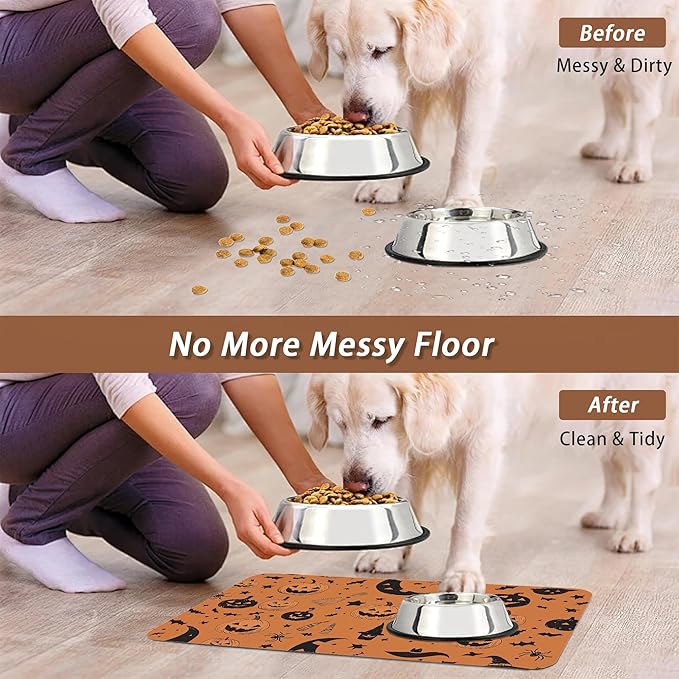 Halloween Dog Food Mat for Floors,Pumpkin Bat Absorbent Quick-Dry Pet Feeding Mat,Cat Dog Bowl Mats for Food and Water,Non-Slip Pet Accessories Supplies 12"x20"