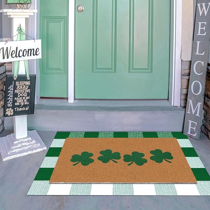 Tinideya 2 Pcs St. Patrick's Day Door Mat Shamrock Welcome Non Slip Green and White Coir Mats Floor Layering Doormats Seasonal for Front Porch Entryway Decor(Green White, St. Patrick's Day)