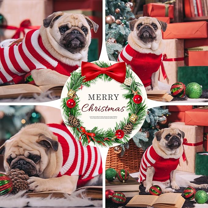 Dog Christmas Sweater Cute Striped Reindeer Xmas Pet Clothes Holiday Puppy Cat Costume New Year Gifts for Small Medium Large Dogs Jumpers (XXS, Red White Stripe Reindeer)