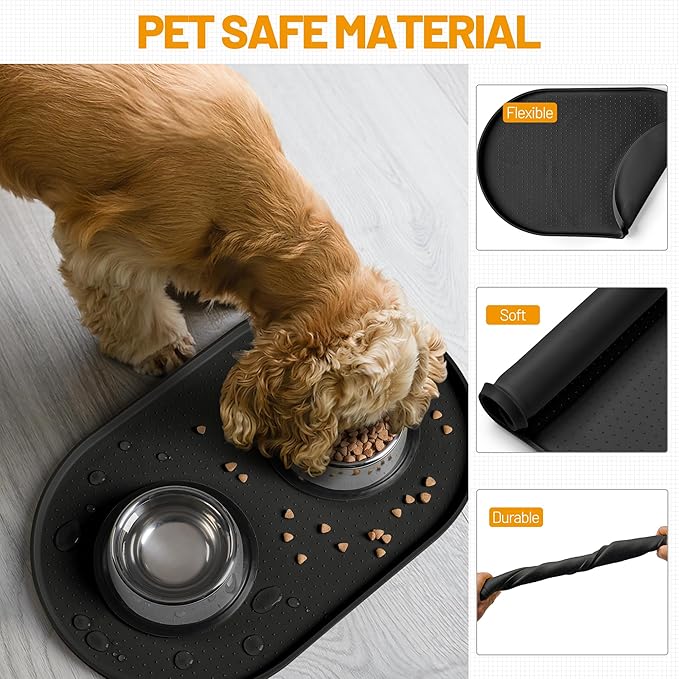 Hubulk 100% Waterproof Silicone Pet Feeding Mat with Raised Edge for Food and Water, Dog Bowl Mats, Cat Bowls Placemat with High Lip Protects Floor for Cats and Dogs (Black, 32" L x 24" W)