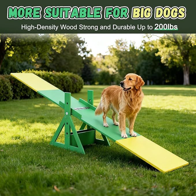 94.5" Adjustable Dog Agility Seesaw 4-Level Height Training Teeter for Small to Large Dogs Sturdy Wooden Dog Agility Equipment with Non-Slip Surface for Backyard Exercise Confidence Course (Seesaw)