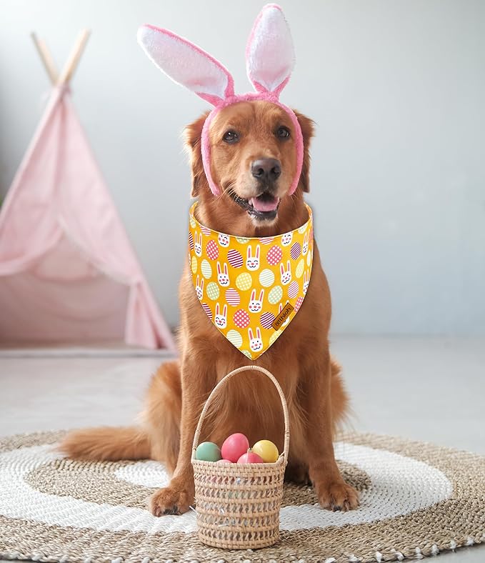 Easter Dog Bandanas with Snap Button, 2 Pack Reversible Spring Bandana for Boy & Girl, Premium Durable Fabric, Bunny and Egg Dog Scarf for Small Dogs (Small)