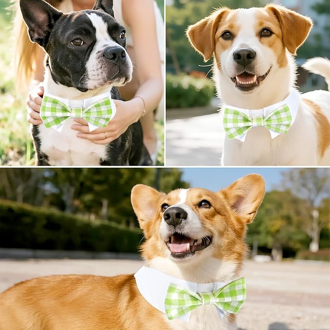Segarty Dog Bow Tie, Adjustable Green Plaid Bowtie Collar for Neck Girth 10.2-12.6in, Medium Pet Tie Tuxedo Comfortable Cotton Boy Pet Grooming Accessory for Formal Wedding Holiday Birthday Party