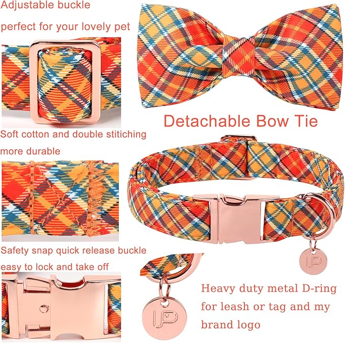 Autumn Plaid Dog Collar and Bow Tie Set – Orange Yellow Checkered Adjustable Fall Collar with Maple Leaf Charm for Small Medium Large Dogs, Soft Cotton Pet Collars with Buckle and D-Ring