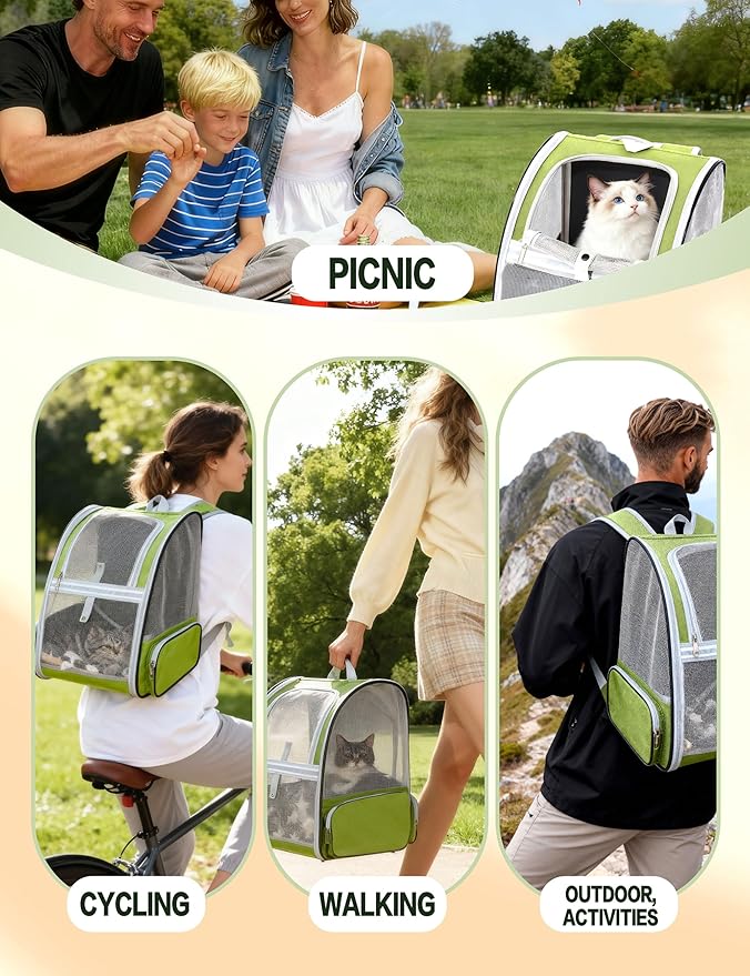 Green Cat Backpack Carrier with Washable Crate Bed Mat Breathable Cat Carrier Large Space for Medium Small Dog Puppy Kitty Bunny Ventilated Mesh Pet Backpack for Cats Travel Hiking Walking Outdoor Use