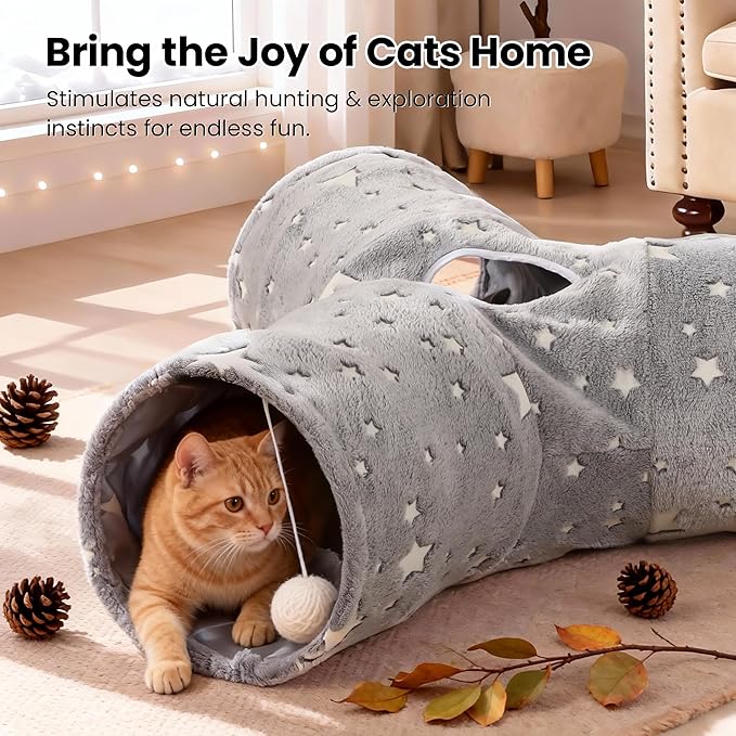 Tempcore 3-Way Collapsible Cat Tunnel Toy with Self-Luminous Tube & Peek Hole Ball - Photoluminescence Play Tunnel for Indoor Cats, Kittens, Kitty, Puppy, Rabbit - Boredom Relief Pet Toy