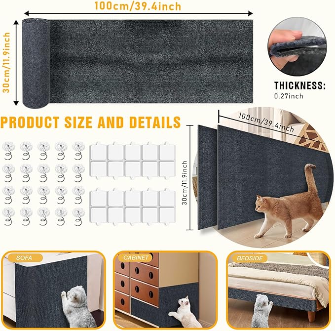 Cat Scratch Mat, 3PCS 39.4"x11.9" DIY Trimmable Self-Adhesive Cats Scratching Mat, Couch Protector from Cats Claw, Cat Scratch Furniture Protector Or Couch Protector (Dark Gray)