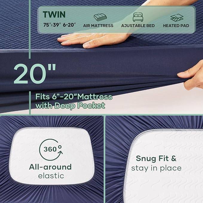 OhGeni 100% Waterproof Mattress Protector, Twin-Navy Blue Size Mattress Pad, Fits 6"-20" Mattresses with Deep Pocket, Cooling, Breathable Fitted Sheets, Soft Bed Cover, Noiseless, Machine Washable