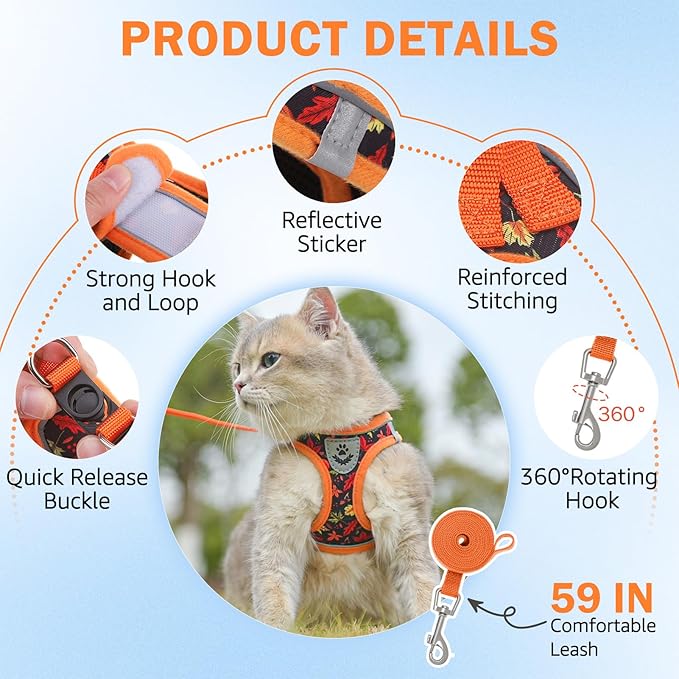 SCENEREAL Fall Thanksgiving Cat Harness and Leash Set Escape Proof, Soft Mesh Kitten Harness for Walking Travel, Reflective Adjustable Pet Vest with Leaf Print for Cat Puppy, M