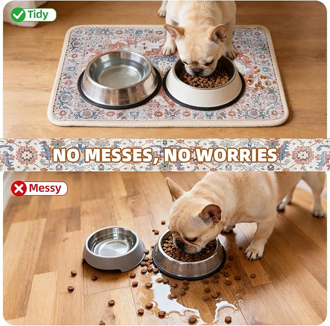 PUPTECK Dog Food Mat, Absorbent Pet Feeding Bowl Mat, Non-Slip Dog Mat for Food and Water, Quick Dry No Stains Cat Placemats Pet Supplies for Messy Drinkers, Brown 12"x20"