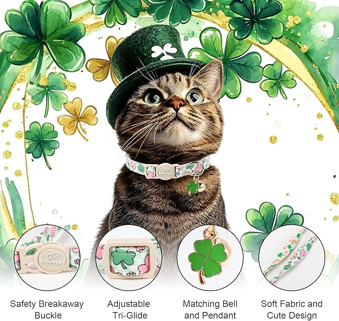 2 Pack St. Patrick’s Day Cat Collars - Breakaway Cat Collar with Bell, Green Lucky Clover Pendant, Adjustable Cute Pastel Rainbow Shamrock Kitten Collars for Boy Girl Cats