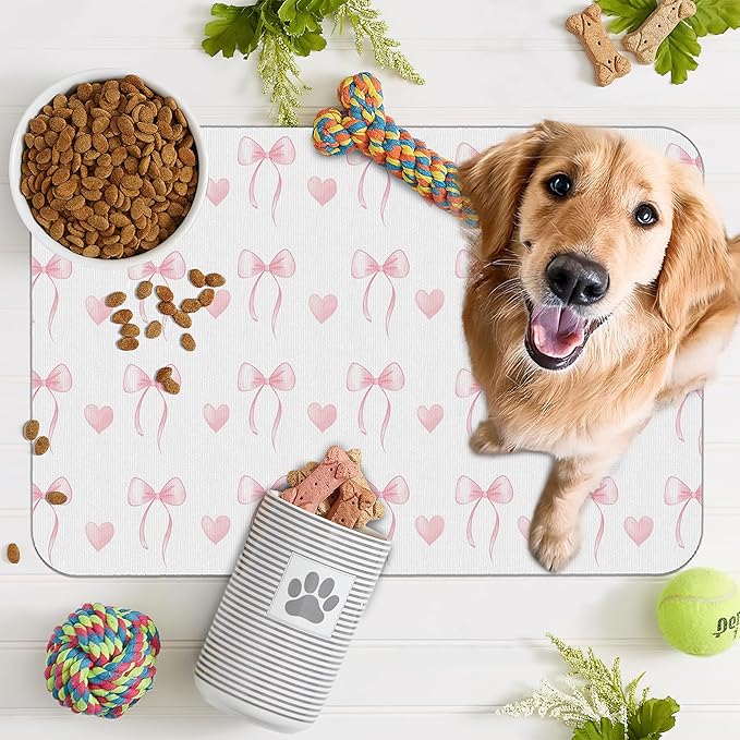 Cute Pink Bow Dog Food Mat for Floors,Heart Absorbent Pet Food and Water Bowl Mats,Non-Slip Pet Feeding Mat,Pet Supplies 16" x 24"