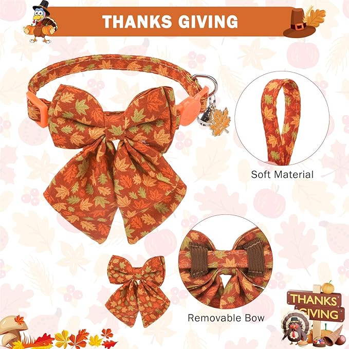 SCENEREAL Fall Cat Collar with Bell & Stylish Bowtie, Turkey Maple Leaf Pattern Breakaway Cat Collars Accessories for Boy Girl Small Cats, Holiday Thanksgiving Kitten Costumes for Female Male Pets