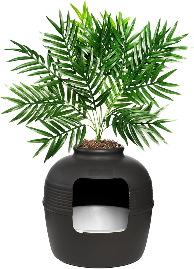 Good Pet Stuff Hidden Litter Box Planter, Decorative Cat Litter Enclosure with Carbon Filter, Artificial Plant, Easy Clean, Indoor Design, Original Round Style, Essentials Kit, Black Suede