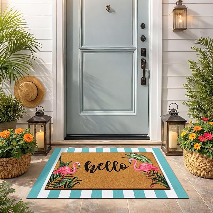 Tinideya 2 Pcs Summer Door Mat Flamingo Welcome Non Slip Coir Hello Mats Floor Layering Doormats Seasonal for Front Porch Entryway Decor(Brown Green White,Hello Flamingo)