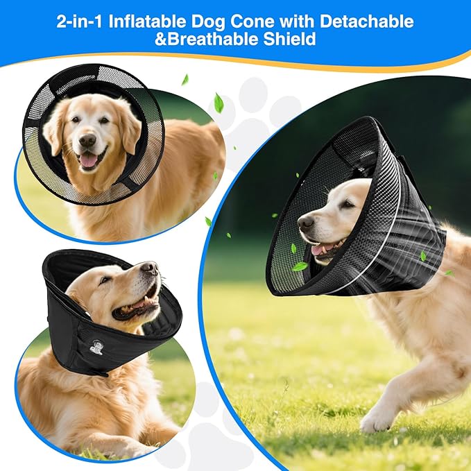 Inflatable Dog Cone for Dogs After Surgery,Soft Adjustable Elizabethan Collar for Large Dogs,2-in-1 Dog Cone with Detachable Shield,Anti-Anxiety Comfortable Pet E-Collar Prevents Licking Wounds(XXL)