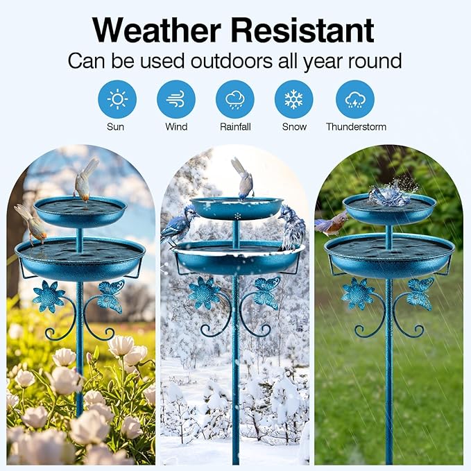 Daoeny Bird Bath for Outside, 42In Vintage Freestanding Birdbaths for Outdoors, Double Metal Bird Bath Feeder Bowls for Garden Patio Yard Lawn Decor, Upgraded 5-Pronged Base (Blue)