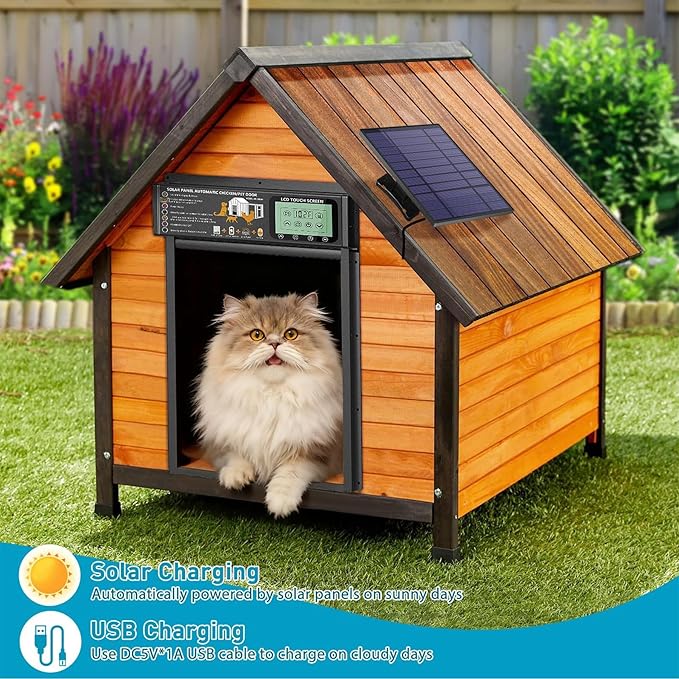 Cat Door, Cat Door Interior Door Radar, Timer & Light Sensor Modes, Solar & USB Pet Door, Durable Aluminum, Weatherproof, No Training, 10"×13", 24/7 Operation for Small Cats Up to 45 lb