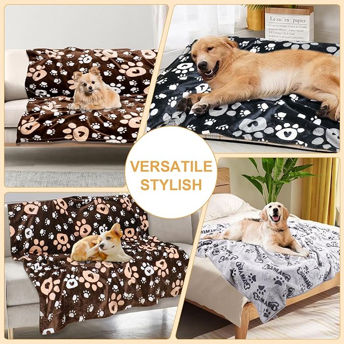 Premium Dog Blankets for Small Dogs & Cat Flannel Blanket Washable, Soft Pet Throw Cover for Kennel Crate Bed, Cute Paw Pattern, 31x23 inch,Black/Grey/Brow