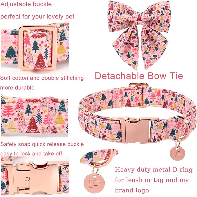 Christmas Dog Collar with Bow Tie, Pink Christmas Tree Collars for Dogs, Adjustable Pet Collar with Cute Xmas Tree Pendant, Winter Dog Accessories for Small Medium Large Dogs L