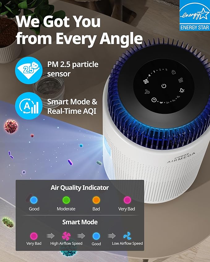 COWAY Air Purifiers for Home up to 810 ft², HEPA Filter and Carbon Filter for Smoke, Allergies, Pet Dander, Odor, AQI Monitor, Auto Mode, Timer, Filter Indicator, Night Light, 3yr Warranty, 100 White