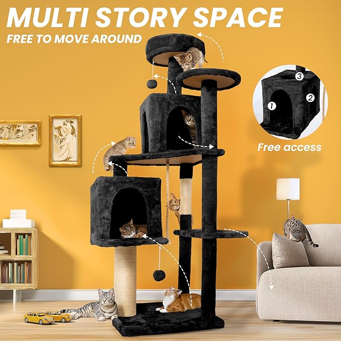56-Inch Cat Tree for Large Cats, Multi-Level Cat Tower with 2 Condos, Sisal Scratching Posts & Hanging Toys – Sturdy Cat Furniture for Indoor Cats, Space-Saving Design (Easy Assembly), Black