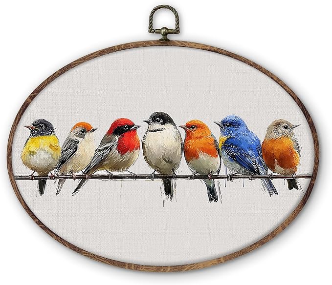 DILSJ Bird Oval Wall Art Decor, Rustic Nature Colorful Sparrow Birds Canvas Wall Art Framed, Watercolor Rustic Sparrow Hanging Decorations for Living Room Bedroom Home, 8.5x11 Inch