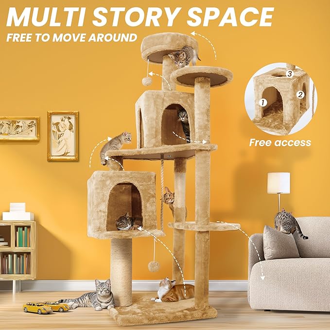 56-Inch Cat Tree for Large Cats, Multi-Level Cat Tower with 2 Condos, Sisal Scratching Posts & Hanging Toys – Sturdy Cat Furniture for Indoor Cats, Space-Saving Design (Easy Assembly), Beige
