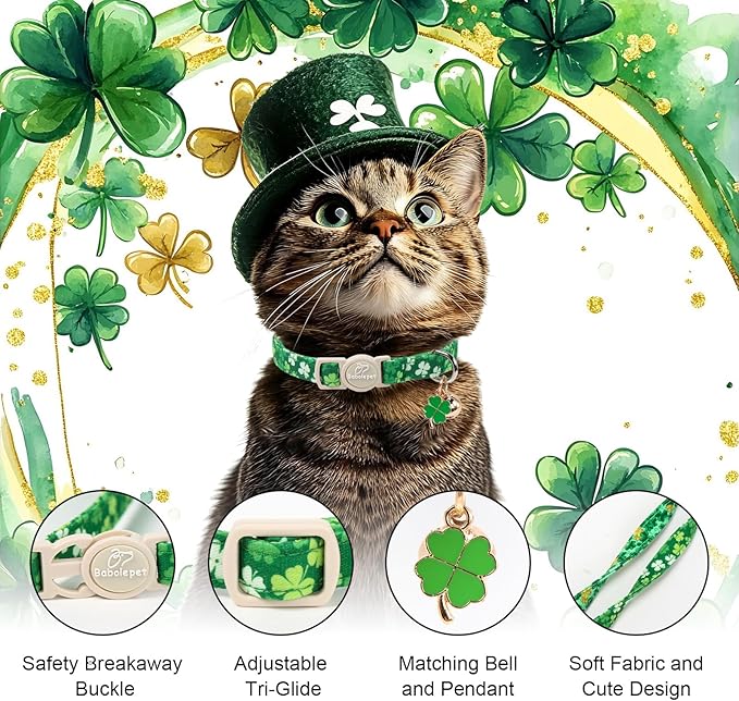 2 Pack St. Patrick’s Day Cat Collars - Breakaway Cat Collar with Bell, Lucky Clover Pendant, Adjustable Cute Green Bold Shamrock Kitten Collars for Boy Girl Cats