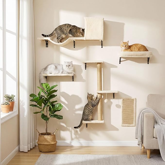 MEWANG 5-in-1 Cat Wall Shelves: Cat Climbing Furniture with Wall Mounted Perch & Lounge for Indoor Cats, Space-Saving Wall Pet Shelves for Play & Rest - Beige (White)