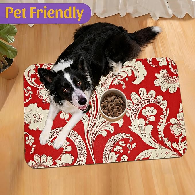 Red White Paisley Pet Food Mat, Absorbent Feeding Pad for Dogs and Cats, Waterproof Anti-Slip Base – 12x20 Inch